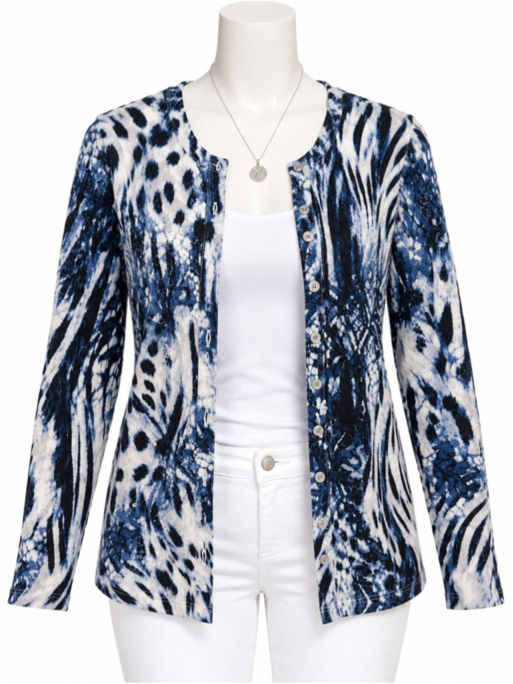 Beautiful Chico’s women’s cardigan/top featuring a striking blue, navy, black...